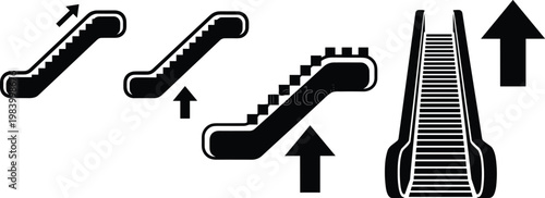 Black and White Escalator Icon Set Featuring Moving Staircase Symbols with Directional Arrows for Public Transportation Signage, Urban Navigation, and Commercial Building Wayfinding Maps