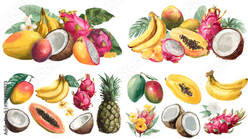 Watercolor tropical fruit collection with banana, papaya, coconut, mango and dragon fruit, perfect for summer packaging, menu design, labels and fresh food branding.