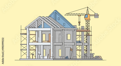 Construction house with scaffolding and crane.