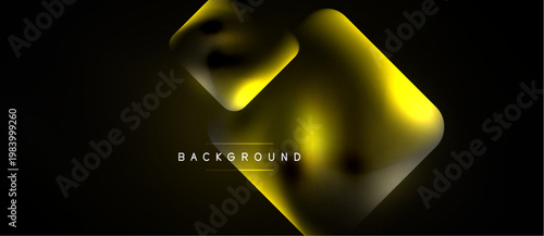 Abstract golden shapes overlap dark background. Modern design features glossy texture, gradient effect, text label present. Minimalist composition.