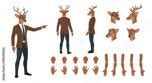 Vector illustration of a man with deer antlers and various body parts, character