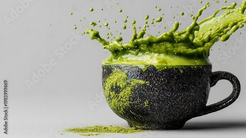 Black cup with vibrant matcha tea splash frozen in dynamic motion, creative green liquid explosion captured midair.