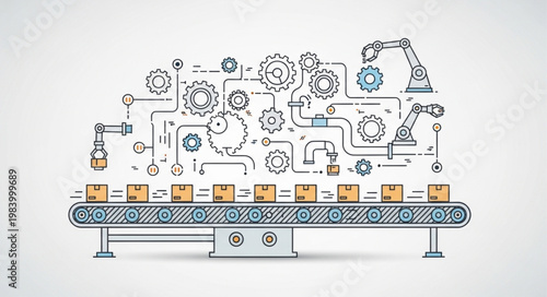 Automated factory production line with robotic arms and conveyor belt.