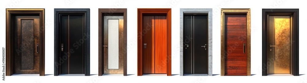 Fototapeta premium Lineup of seven varied entry doors on white background featuring wood, metal, glass and stone frames, with handles and locks, evoking choice and elegant invitation