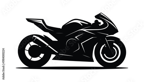 Sportbike Silhouette Vector, Racing Motorcycle Black Icon, High Speed Sports Bike Illustration on White Background