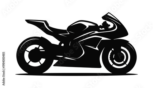 Sportbike Silhouette Vector, Racing Motorcycle Black Icon, High Speed Sports Bike Illustration on White Background