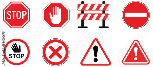 Warning and prohibition icon set, stop sign, hand symbol, danger alert, no entry, traffic light and barrier icons, safety regulation concept, hazard prevention signage, clean and minimal vector design