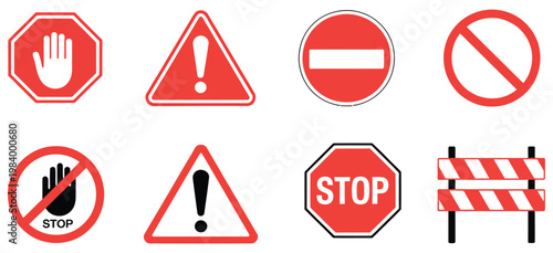 Warning and prohibition signs, includes stop, hand, danger, no entry, traffic light and barrier icons, safety and restriction symbols, hazard alert concept, traffic and security signage, modern vector