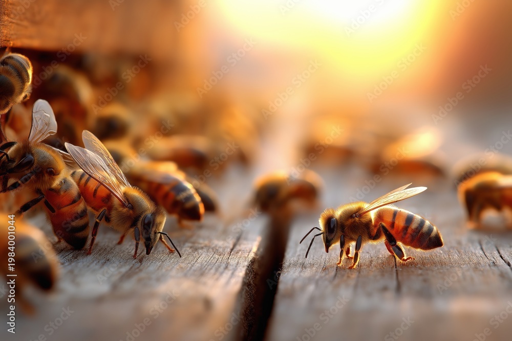 Fototapeta premium Golden light bathes bees on wooden hive entrance