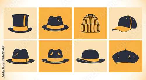 Collection of various hats and caps in a vintage style vector illustration