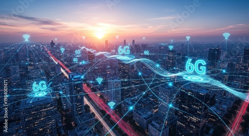 A futuristic cityscape with 6G technology symbols and a glowing network of connections.