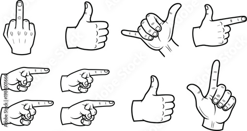 Hand gesture icons set in outline style, pointing fingers thumbs up and expressive signs vector illustration isolated for communication and symbol design