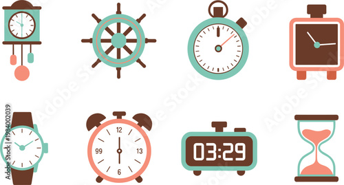 Time icons set, clocks stopwatch hourglass wristwatch vector illustration for schedule, timing, time management