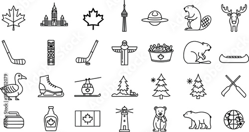Collection of diverse global landmarks and icons in minimalist line art style