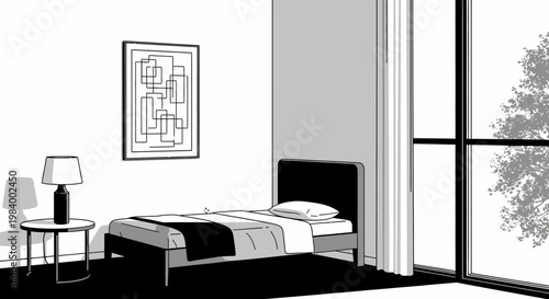 Minimalist bedroom interior vector illustration in black and white, featuring a single bed, nightstand, lamp, and window.