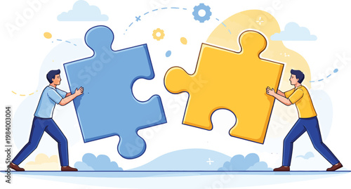 Vector illustration in simple flat style - teamwork and development concept - people holding abstract geometric shapes and puzzle pieces - organisation and management 
