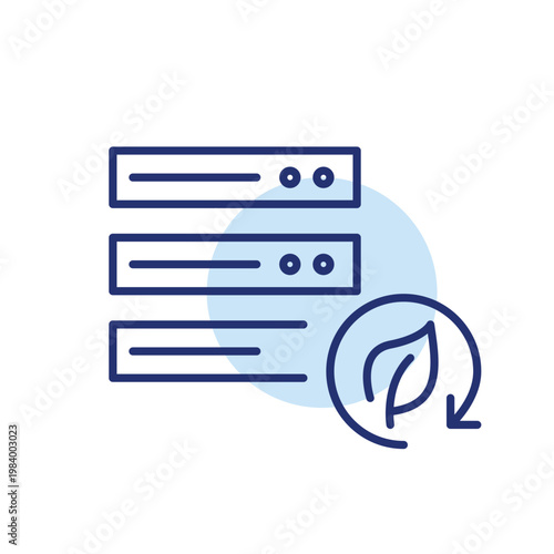 Server stack, leaf and renew arrow. Sustainable data storage. Pixel perfect, editable stroke vector icon