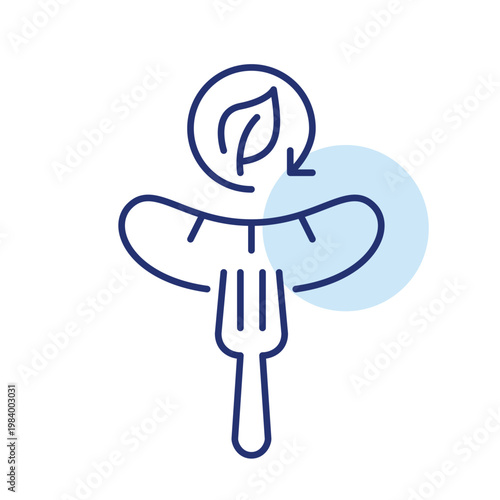 German sausage on a fork, leaf and renew arrow. Sustainable food and delivery. Pixel perfect, editable stroke vector icon