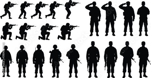Military soldier silhouettes set in combat and standing poses, armed forces personnel collection with rifles and salute vector illustration isolated for defense design
