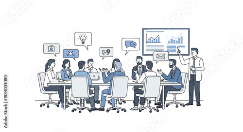 Business meeting, office discussion, teamwork illustration, corporate strategy, brainstorming session