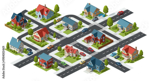 Bilde på lerret Isometric suburban neighborhood with houses and roads.