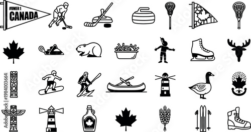 Canadian icons and symbols collection a diverse representation of canadian culture and heritage in black and white