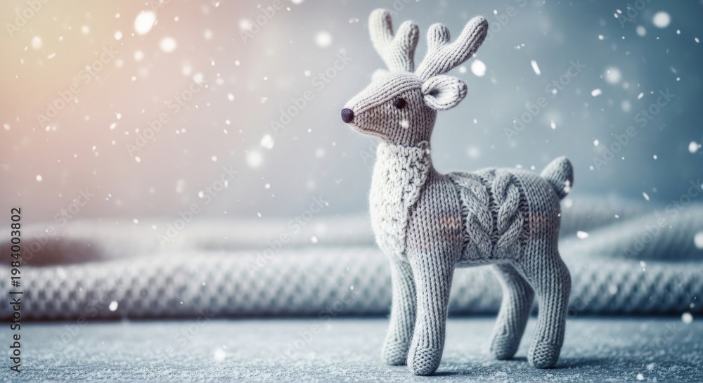 Fototapeta premium A knitted reindeer figurine with a sweater stands on a snowy surface, surrounded by falling snowflakes.