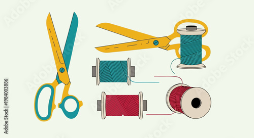 Scissors and spools of colored thread.