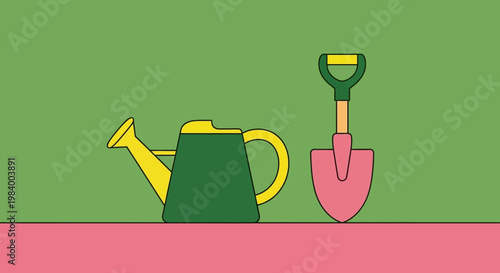 Green watering can and pink shovel.