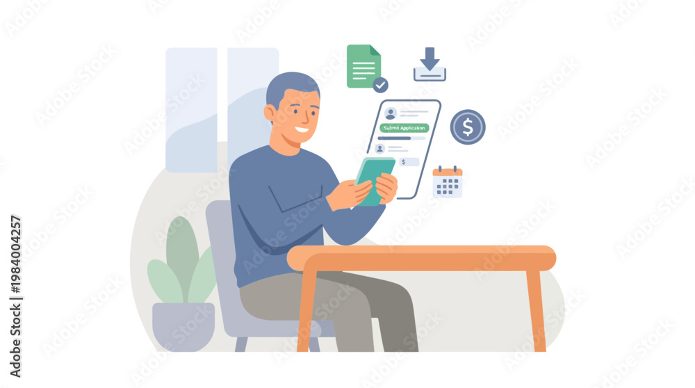 Fototapeta premium Man sitting at desk with phone and money floating icons illustration