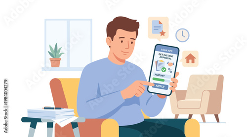 A man sitting on a couch in a living room holds a smartphone illustration.