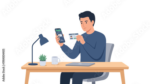 Man sitting at desk holding phone and credit card illustration