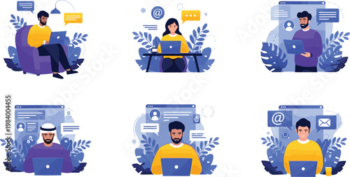 People working on laptops set in modern flat style, remote work freelance and online communication vector illustration collection isolated for business and technology design