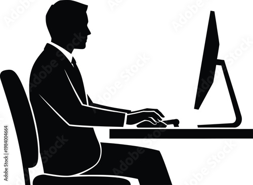 Silhouette of a Focused Professional Engaged in Digital Work, Typing on a Keyboard at a Desk with a Computer Monitor, Representing Office Productivity and Remote Work