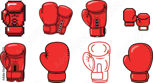 Red boxing gloves vector set in pixel art style, retro gaming aesthetic, sports equipment icons collection isolated on white background for design use