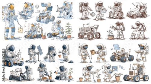 Cute astronaut work scene collection with rovers, tools and space missions in watercolor style, ideal for nursery decor, kids prints, stickers and science themed projects.