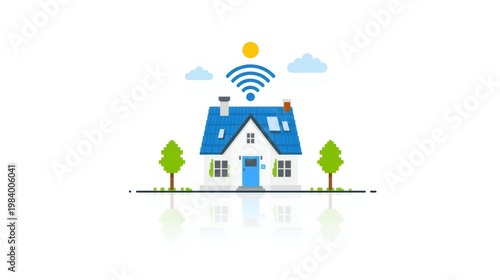 Modern smart home connected through wireless technology under a sunny sky