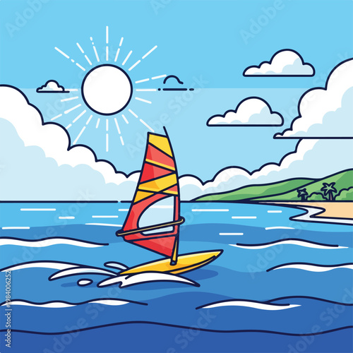 A cartoon windsurfer on a sunny day