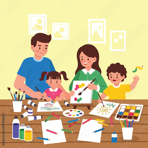 Family painting together with colors.