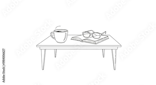 Simple line drawing of a cozy morning scene with a steaming hot coffee cup, an open book, and reading glasses on a table.