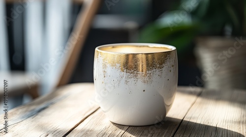 Premium ceramic cup with gold detailing on white surface .