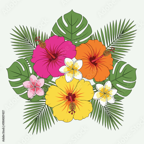 Colorful Tropical Flowers and Leaves Arrangement.