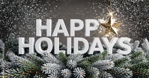 Festive holiday greeting with snow-covered pine branches and shimmering star decoration