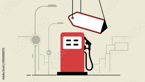 Flat illustration of gas station pump with hanging price tag