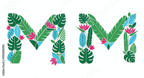 Tropical leaf, floral, jungle letter M, initial alphabet