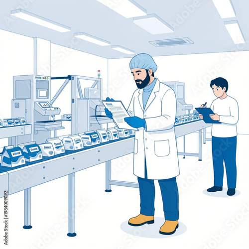 Food Factory Quality Control Inspector Checking Product on Production Line Vector Illustration