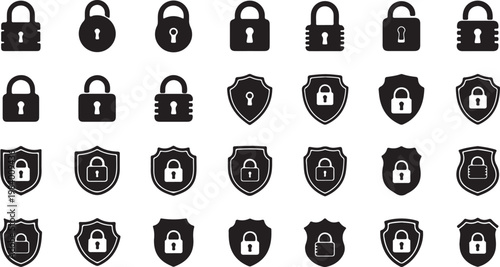 Collection of padlock and shield security icons on white background