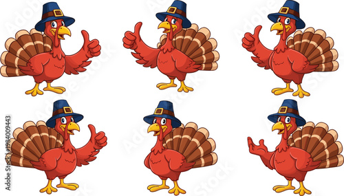 Thanksgiving turkey characters set wearing pilgrim hats, festive cartoon birds in different poses vector illustration isolated for holiday celebration design