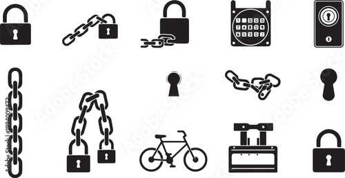 Collection of security icons with locks chains and keys on white background