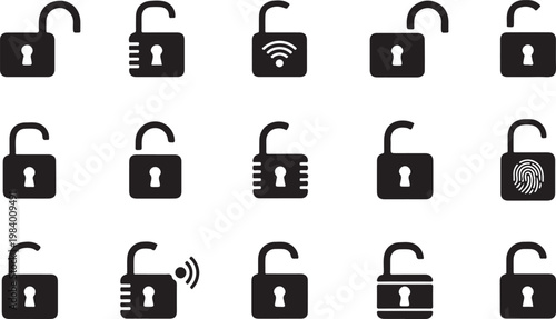 Collection of various open padlock icons on white background for security concepts